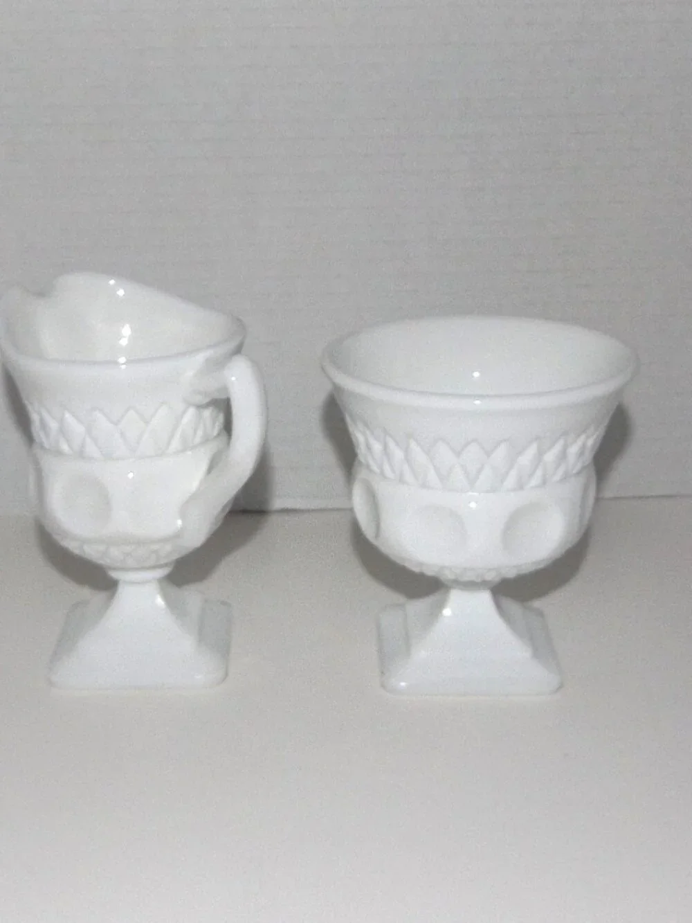 1957-58 McKee Plymouth Thumbprint White Milk Glass Creamer & Sugar Bowl